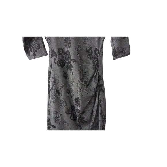 Vintage Lurex Dress Form Fitting Ruched at Hip Silver Black Size 5 Flower Print - Picture 3 of 11